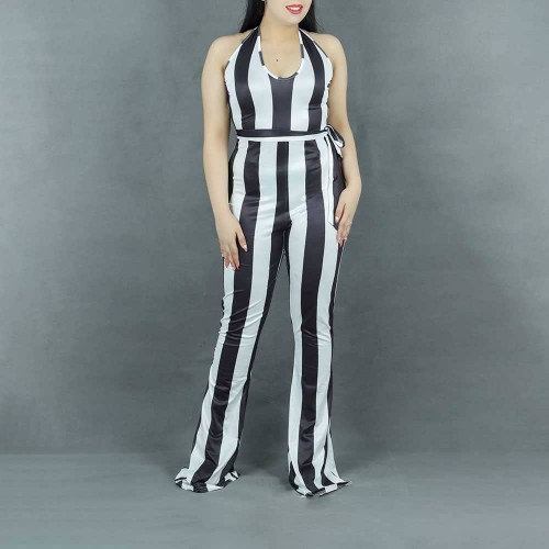 Sexy Halter Neck Striped Flared Jumpsuit - Black |image