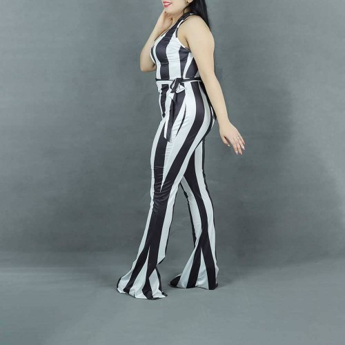 Sexy Halter Neck Striped Flared Jumpsuit - Black |image