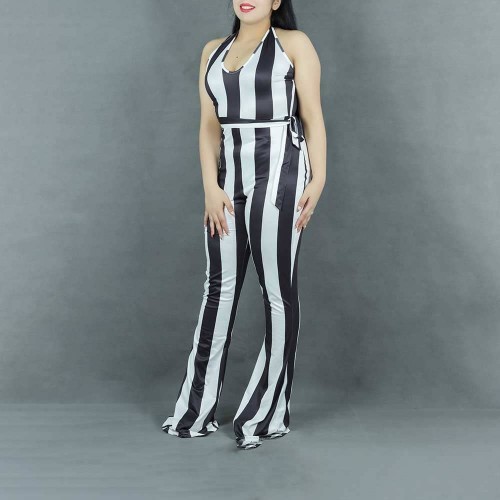 Sexy Halter Neck Striped Flared Jumpsuit - Black |image