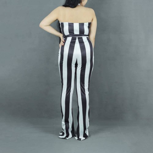 Sexy Halter Neck Striped Flared Jumpsuit - Black |image