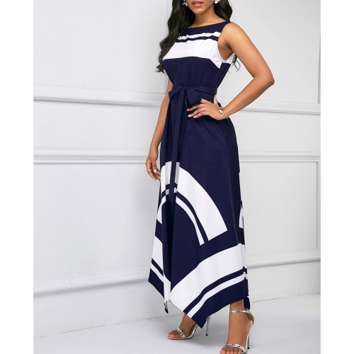Asymmetric Hem Sleeveless Contrast Maxi Dress - Navy Blue |image