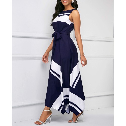 Asymmetric Hem Sleeveless Contrast Maxi Dress - Navy Blue |image