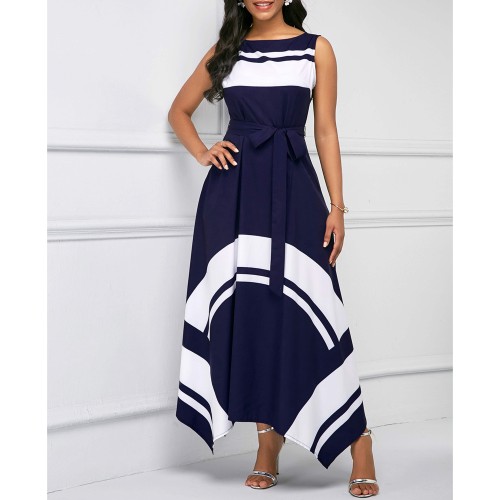 Asymmetric Hem Sleeveless Contrast Maxi Dress - Navy Blue |image