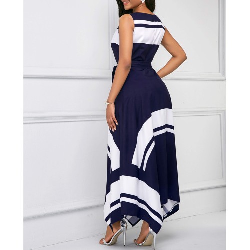 Asymmetric Hem Sleeveless Contrast Maxi Dress - Navy Blue |image