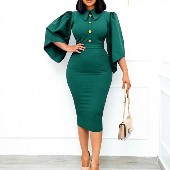 Body-con Slim Trumpet Sleeves Formal Midi Dress - Green Body-con Slim Trumpet Sleeves Formal Midi Dress - Green |image
