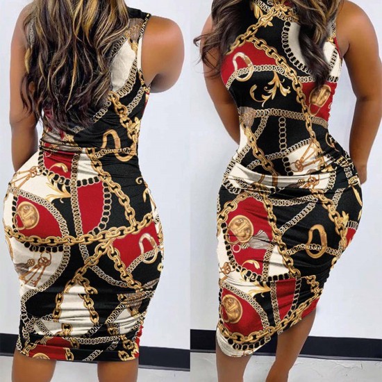 Round Neck Chains Printed Casual Midi Dress - Multicolor |image