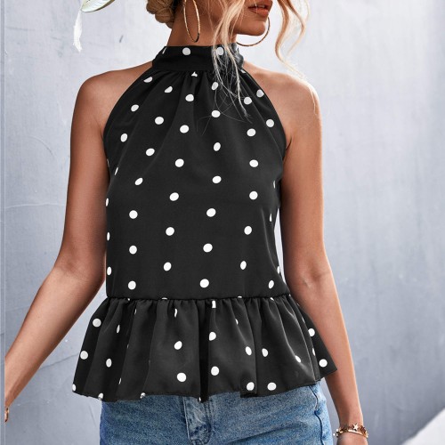 Polka Dot Grecian Neck Peplum Top - Black |image