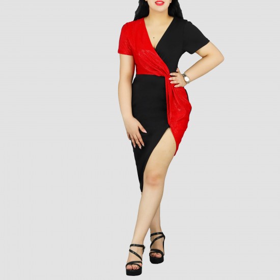 Half Sleeve Contrast Elastic Shining Party Dress - Red Half Sleeve Contrast Elastic Shining Party Dress - Red |image