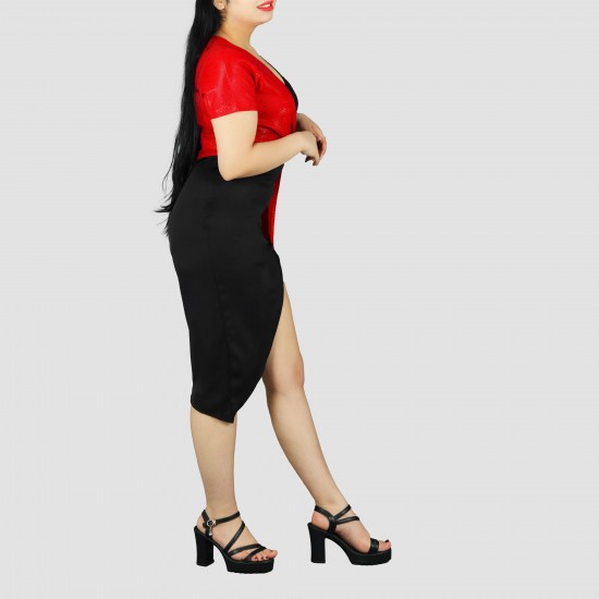 Half Sleeve Contrast Elastic Shining Party Dress - Red Half Sleeve Contrast Elastic Shining Party Dress - Red |image