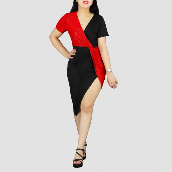 Half Sleeve Contrast Elastic Shining Party Dress - Red Half Sleeve Contrast Elastic Shining Party Dress - Red |image