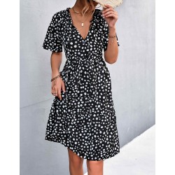 Polka Dot Printed V-Neck Ruffled Dress - Black 