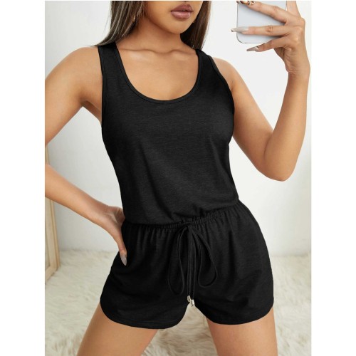 Sexy U Neck Tank Top Loose Shorts Jumpsuit - Black |image
