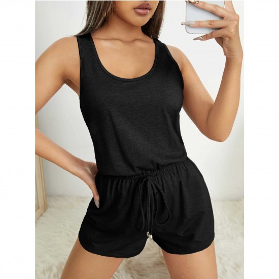 Sexy U Neck Tank Top Loose Shorts Jumpsuit - Black |image