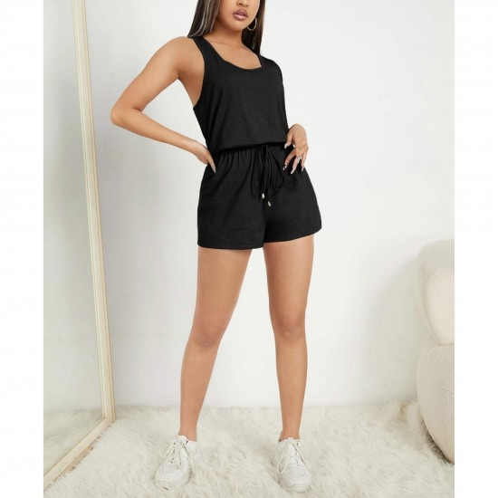 Sexy U Neck Tank Top Loose Shorts Jumpsuit - Black |image