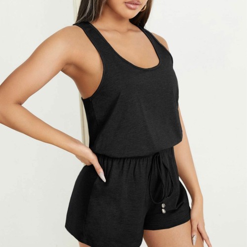 Sexy U Neck Tank Top Loose Shorts Jumpsuit - Black |image