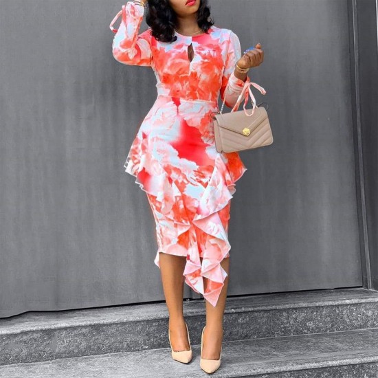 Floral Printed Ruffled Hip One-Step Dress - Red Floral Printed Ruffled Hip One-Step Dress - Red |image
