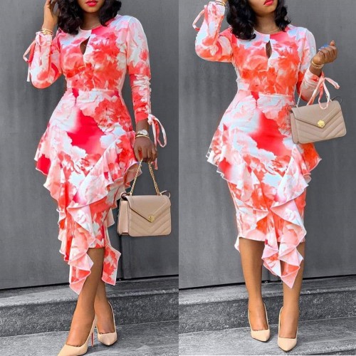 Floral Printed Ruffled Hip One-Step Dress - Red |image