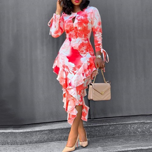 Floral Printed Ruffled Hip One-Step Dress - Red |image