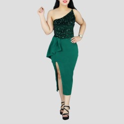 Sexy Sequin Off Shoulder Split Party Dress - Green 
