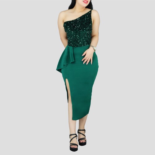 Sexy Sequin Off Shoulder Split Party Dress - Green |image