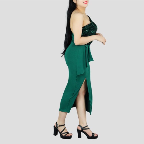 Sexy Sequin Off Shoulder Split Party Dress - Green |image
