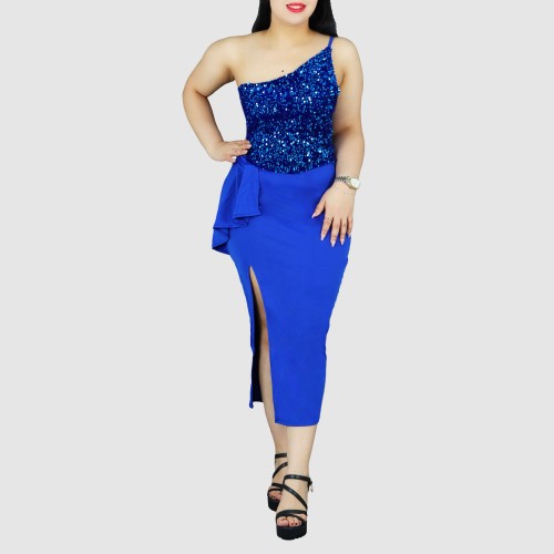Sexy Sequin Off Shoulder Split Party Dress - Blue |image
