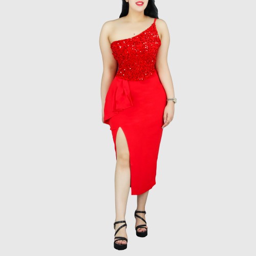 Sexy Sequin Off Shoulder Split Party Dress - Red |image