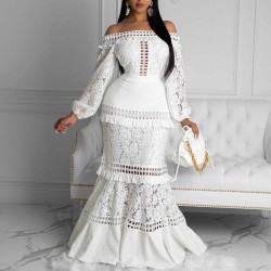 Off The Shoulder Lotus Leaf Long Dress - White 