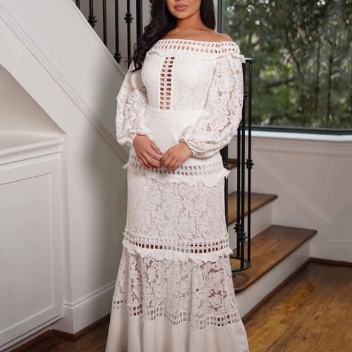 Off The Shoulder Lotus Leaf Long Dress - White |image