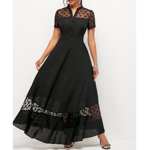 Chiffon Stitching V-Neck Short Sleeved Maxi Dress - Black |image