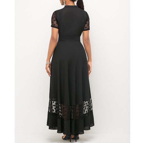 Chiffon Stitching V-Neck Short Sleeved Maxi Dress - Black |image