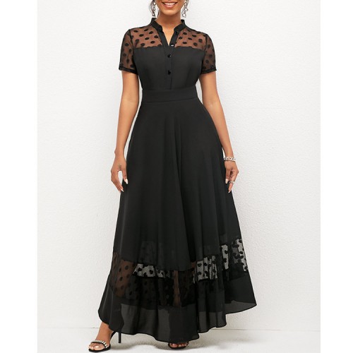 Chiffon Stitching V-Neck Short Sleeved Maxi Dress - Black |image