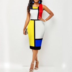 Round Neck High Waist Pencil Midi Dress - Multi Color 
