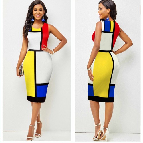 Round Neck High Waist Pencil Midi Dress - Multi Color |image