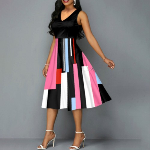 Cross-Border V-Neck Sleeveless Midi Dress - Black |image