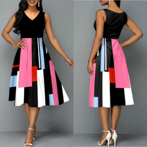 Cross-Border V-Neck Sleeveless Midi Dress - Black |image