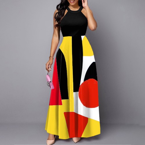 Casual Print O Neck Sleeveless Long Maxi Dress - Black |image