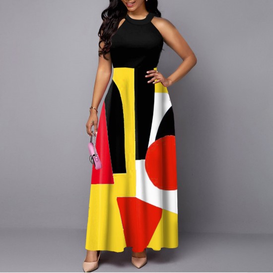 Casual Print O Neck Sleeveless Long Maxi Dress - Black |image