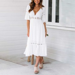 Deep V Neck Trumpet Sleeves Elegant Midi Dress - White 