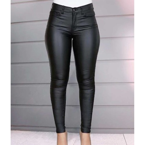Casual Solid Color PU Leather Pencil Pants - Black |image
