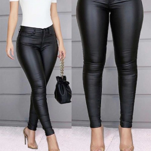 Casual Solid Color PU Leather Pencil Pants - Black |image