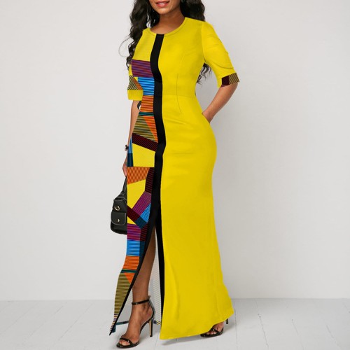 Geometric Print Half Sleeve Slim Maxi Dress - Yellow |image