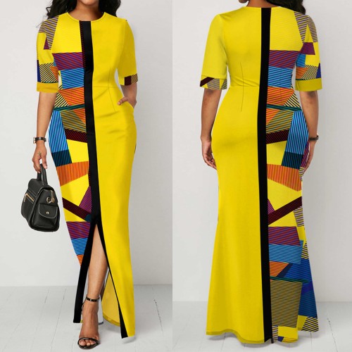 Geometric Print Half Sleeve Slim Maxi Dress - Yellow |image