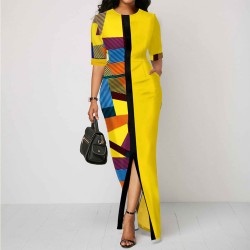 Geometric Print Half Sleeve Slim Maxi Dress - Yellow 
