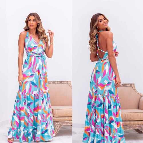 Floral Printed High Waist Backless Maxi Dress - Blue |image