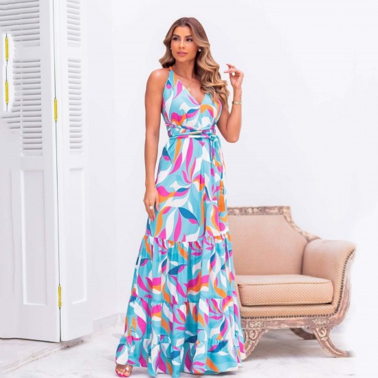Floral Printed High Waist Backless Maxi Dress - Blue Floral Printed High Waist Backless Maxi Dress - Blue |image