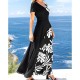 Leaf Print V-Neck High Waist Long Dress - Black |image