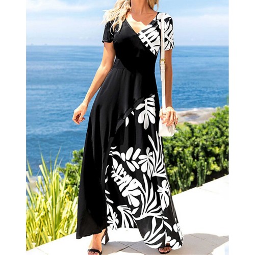 Leaf Print V-Neck High Waist Long Dress - Black |image