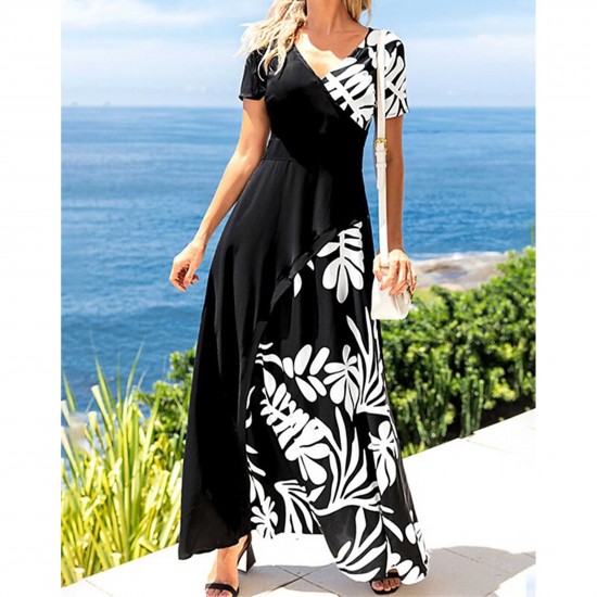 Leaf Print V-Neck High Waist Long Dress - Black |image
