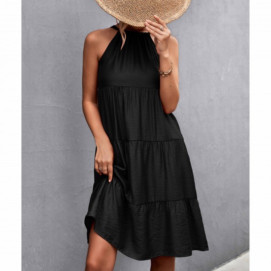 Knee Length A-Line Halter Neck Stitched Dress - Black |image